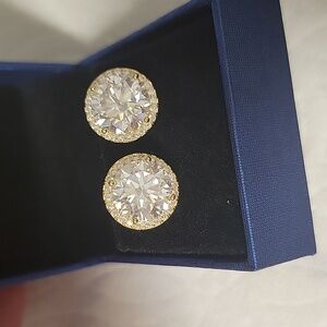 Moissonite Gold Plated Over Silver Halo Stud Earrings 4ct Screw Back Closure